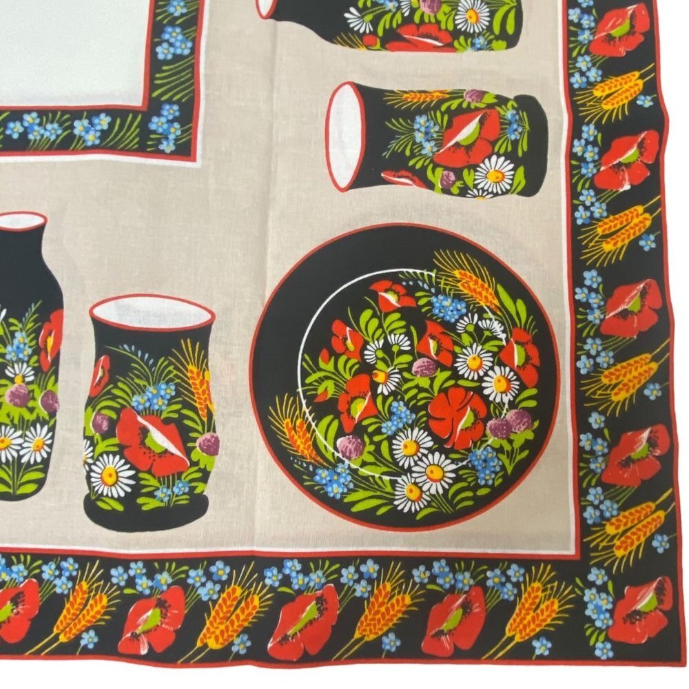 Folk Art Tablecloth Cotton 46x54" Natural Black Floral Vases Design Czech Slovak